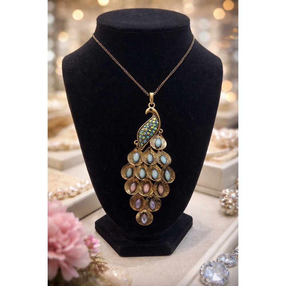 Vintage Peacock Statement Necklace Gold Tone Colored Rhinestone & Glass Cabochon